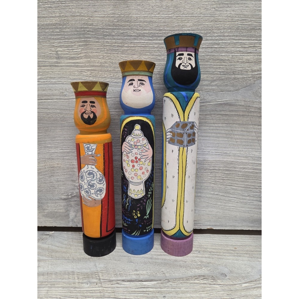 Vtg Christmas 3 Kings Wisemen Nvty Candle Holders Wood Japan IOB 50s 60s MCM E4